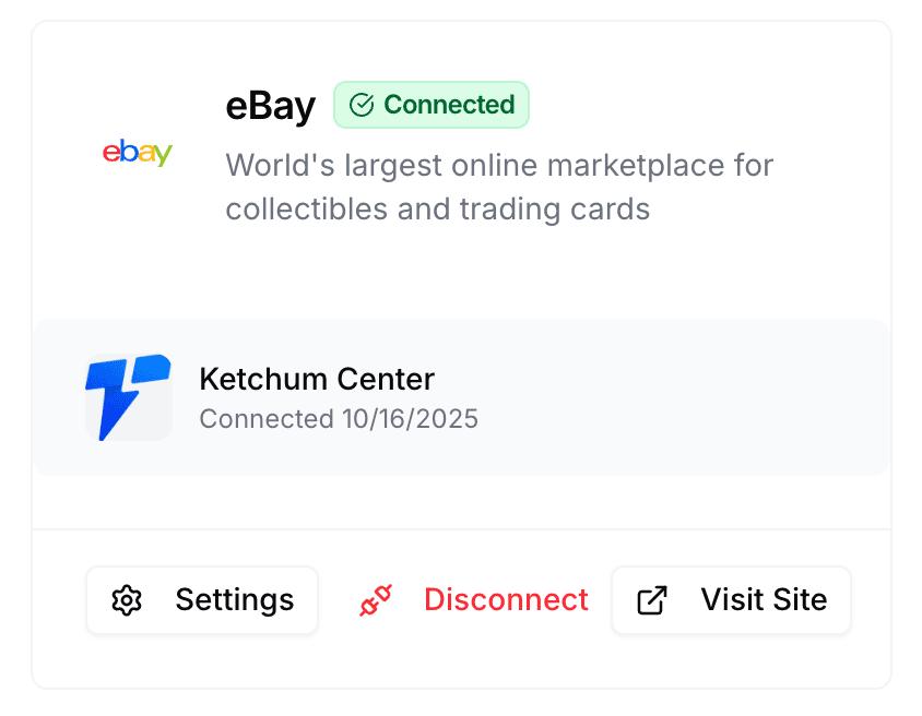 eBay connected card in Quick Ship showing store name and logo