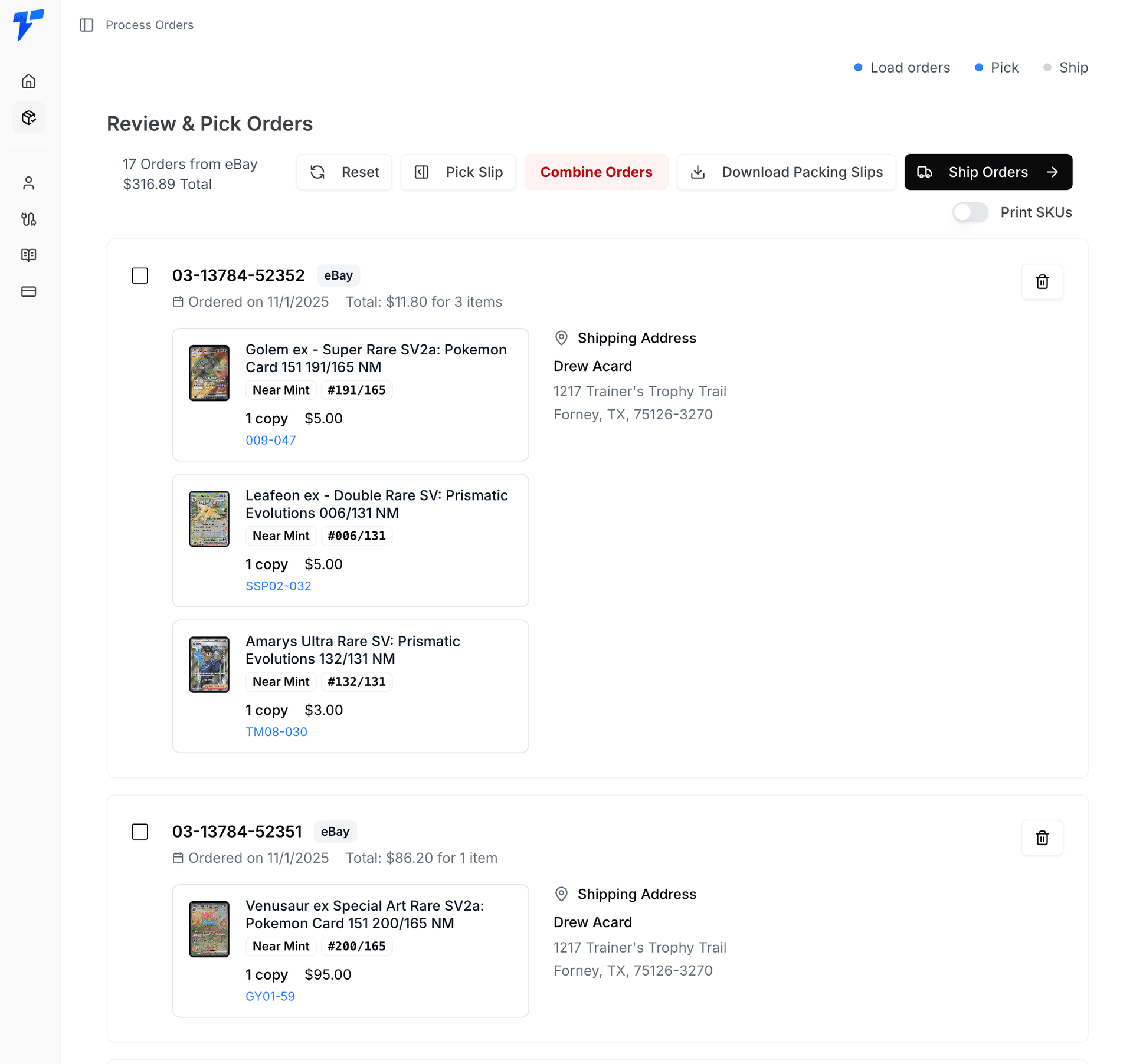 eBay process orders screen showing orders and pick slip