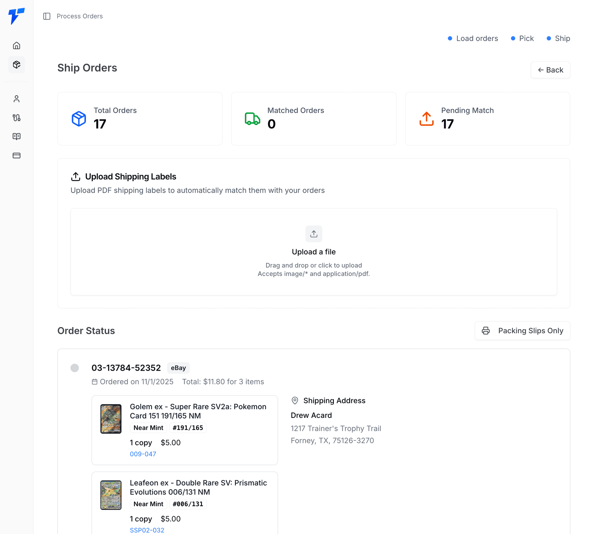 eBay ship orders screen showing label upload and download options