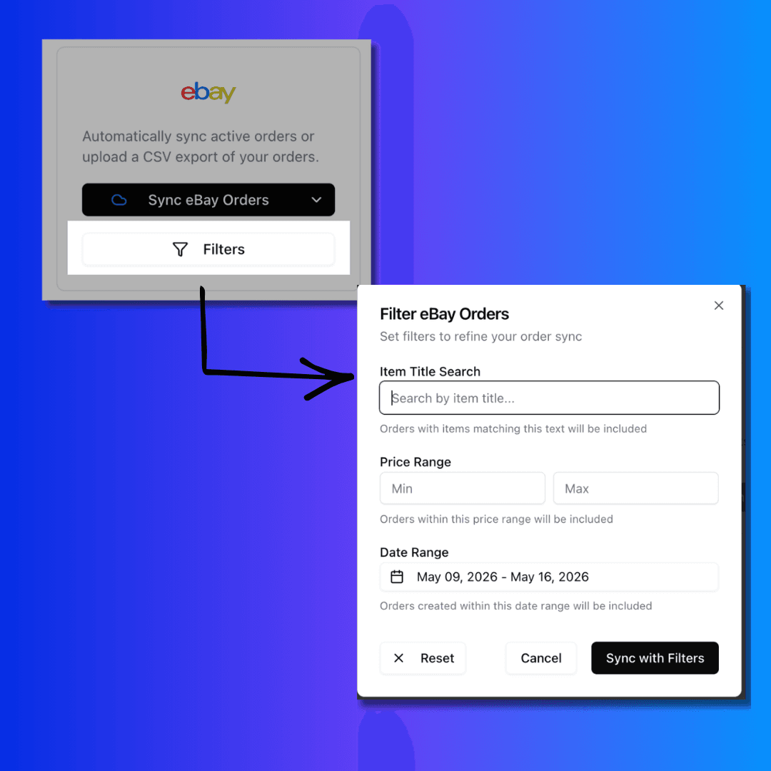 eBay order sync panel with filter options for value range and date