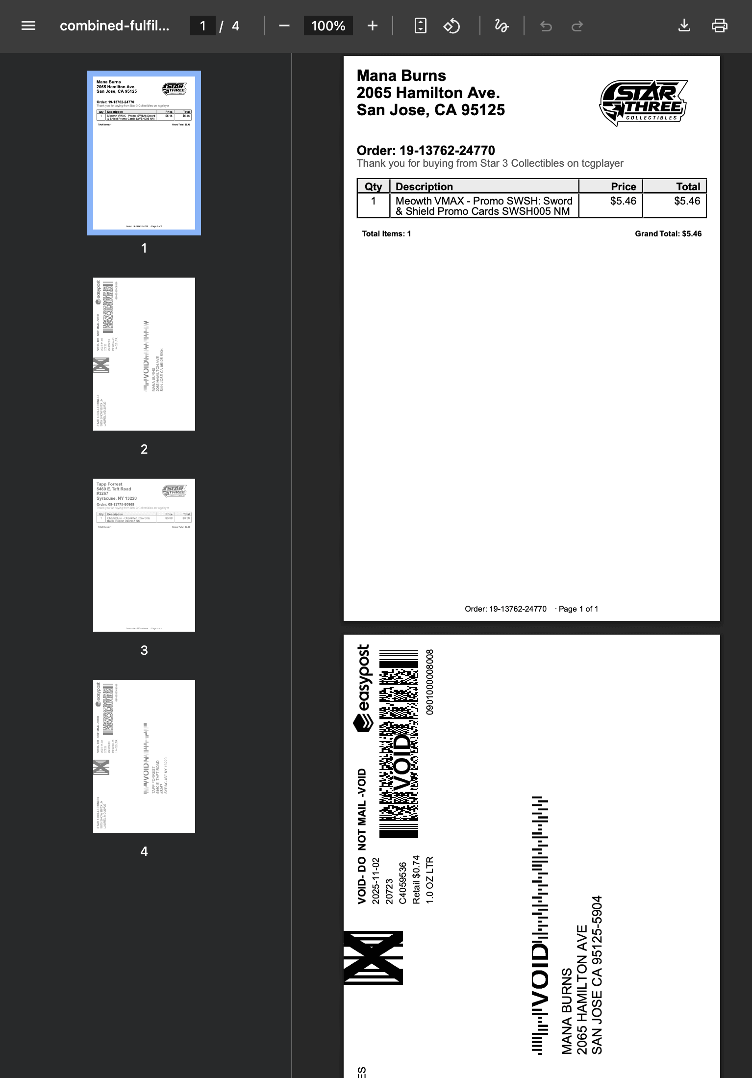 Example of combined packing slip and shipping label PDF for TCGplayer orders