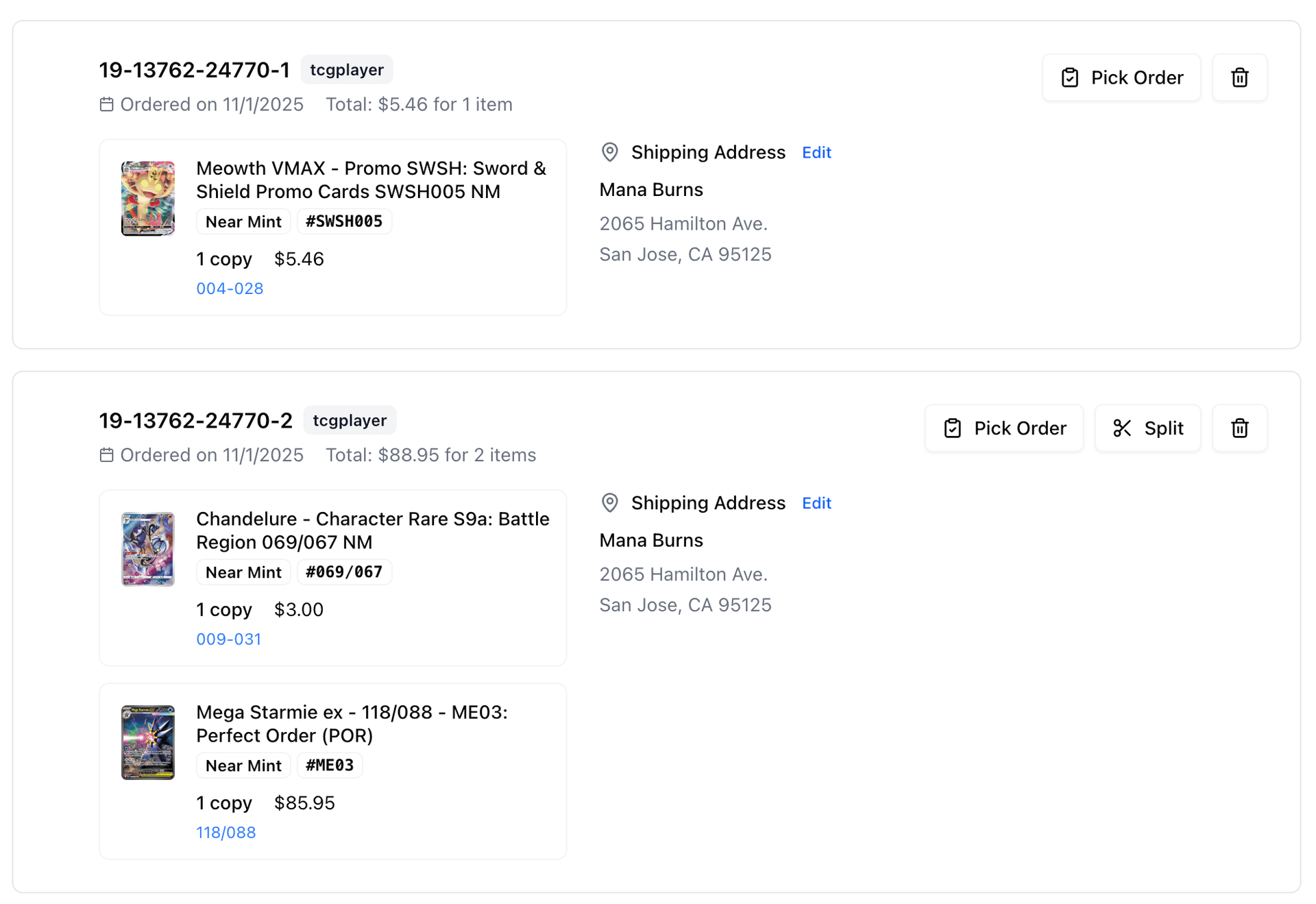 Fulfillment screen showing the resulting split orders after confirming