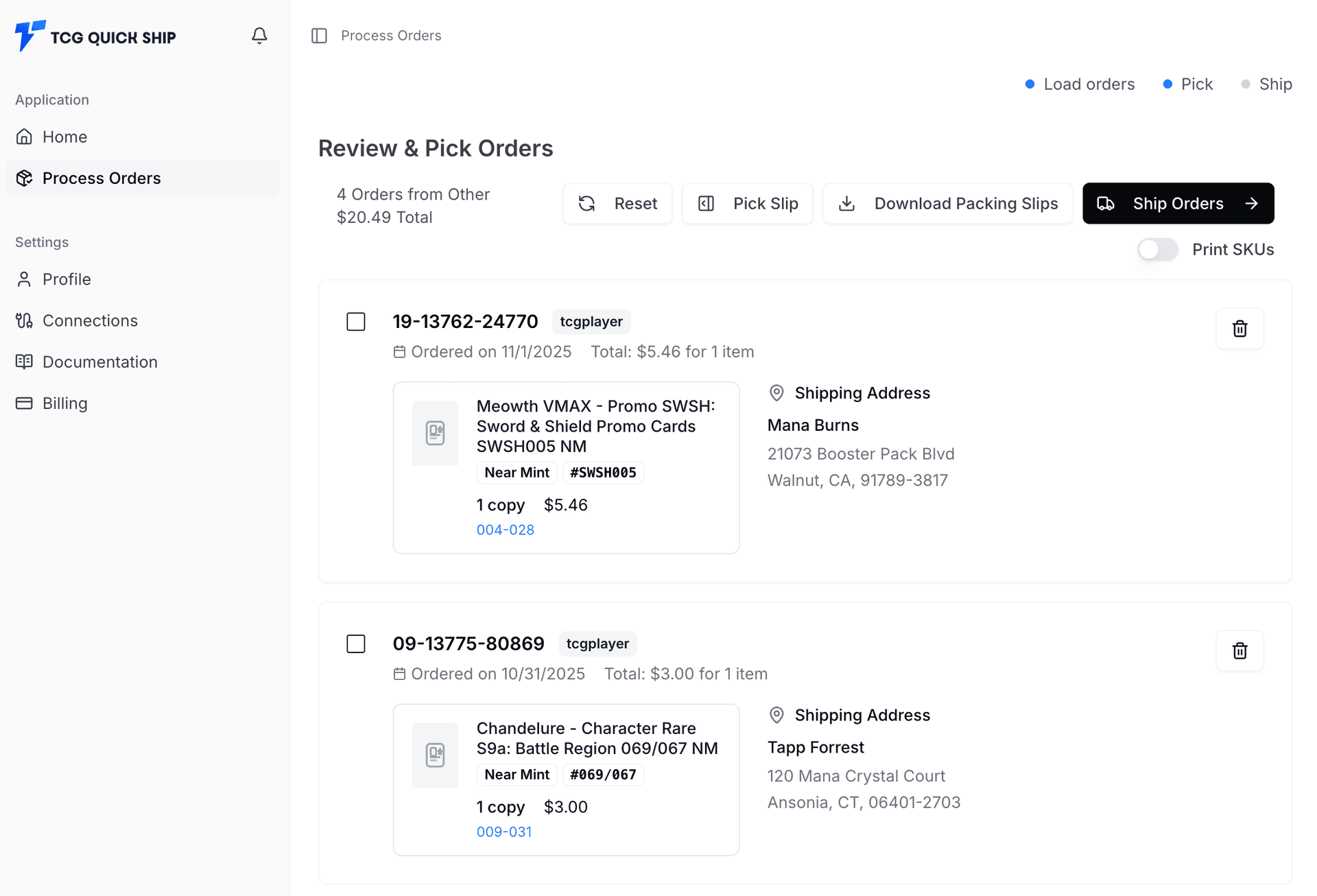 TCGplayer process orders screen showing orders and pick slip